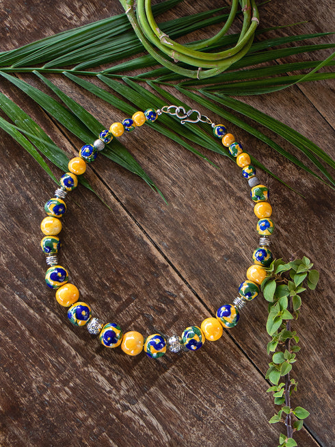 Blue Pottery Bead Choker Necklace ( Yellow )